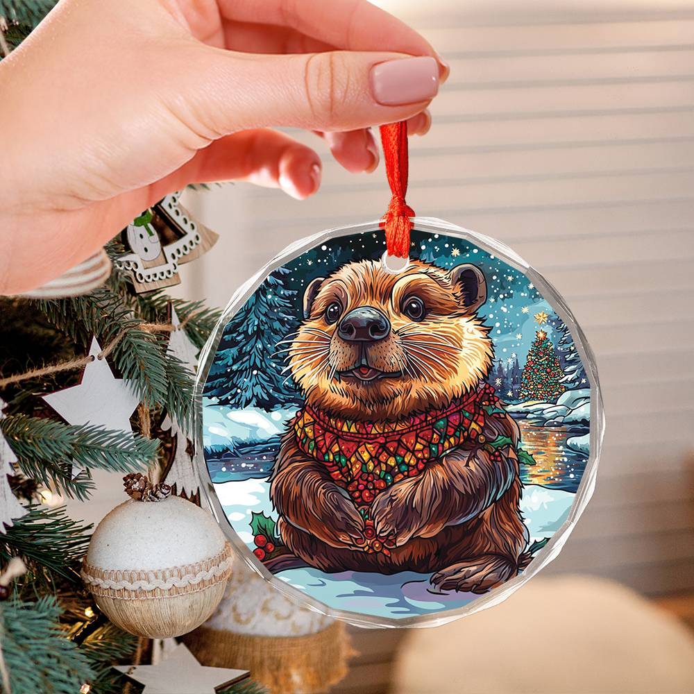 Beautiful Angus Beaver Christmas Night Design 1 Glass Ornament