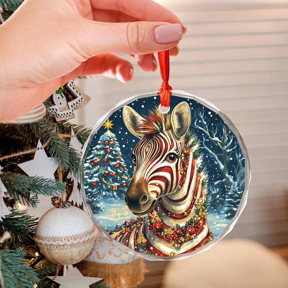 Beautiful Zebra Christmas Night Design 1 Glass Ornament