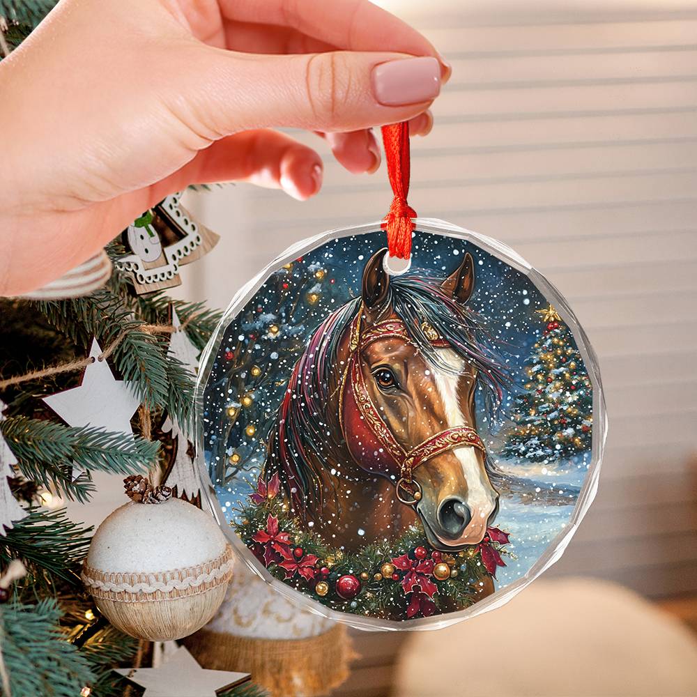 Beautiful Horse Christmas Night Design 3 Glass Ornament
