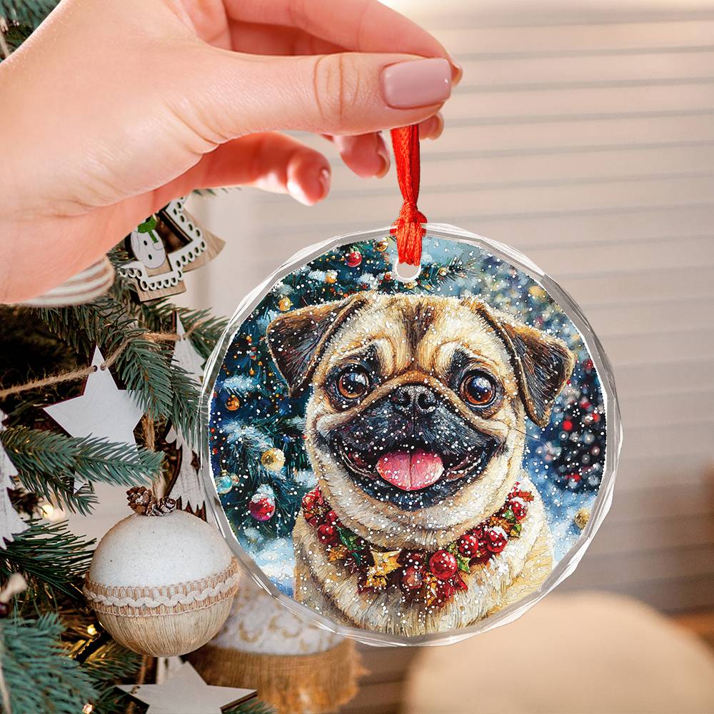 Beautiful Pug Dog Christmas Night Design 4 Glass Ornament