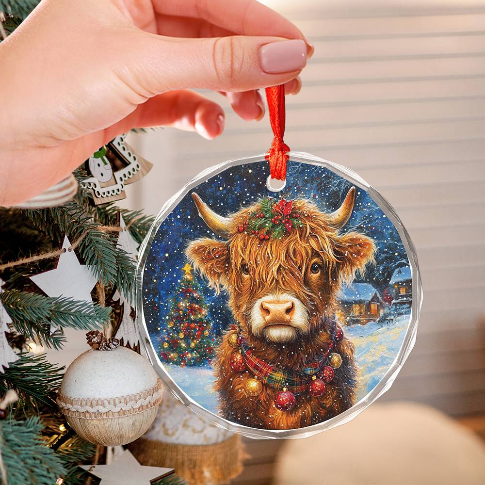 Beautiful Highland Cow Christmas Night Design 2 Glass Ornament