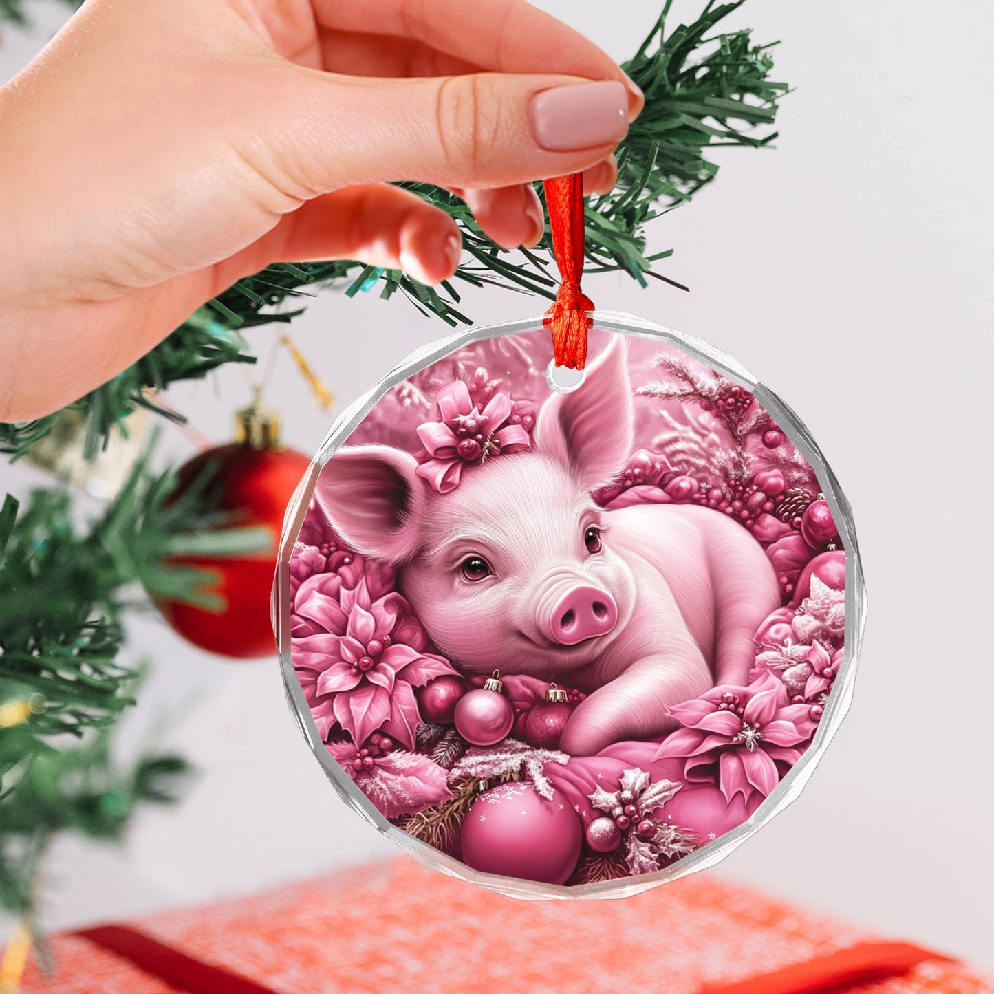 Pig Pink Christmas Design 2 Glass Ornament