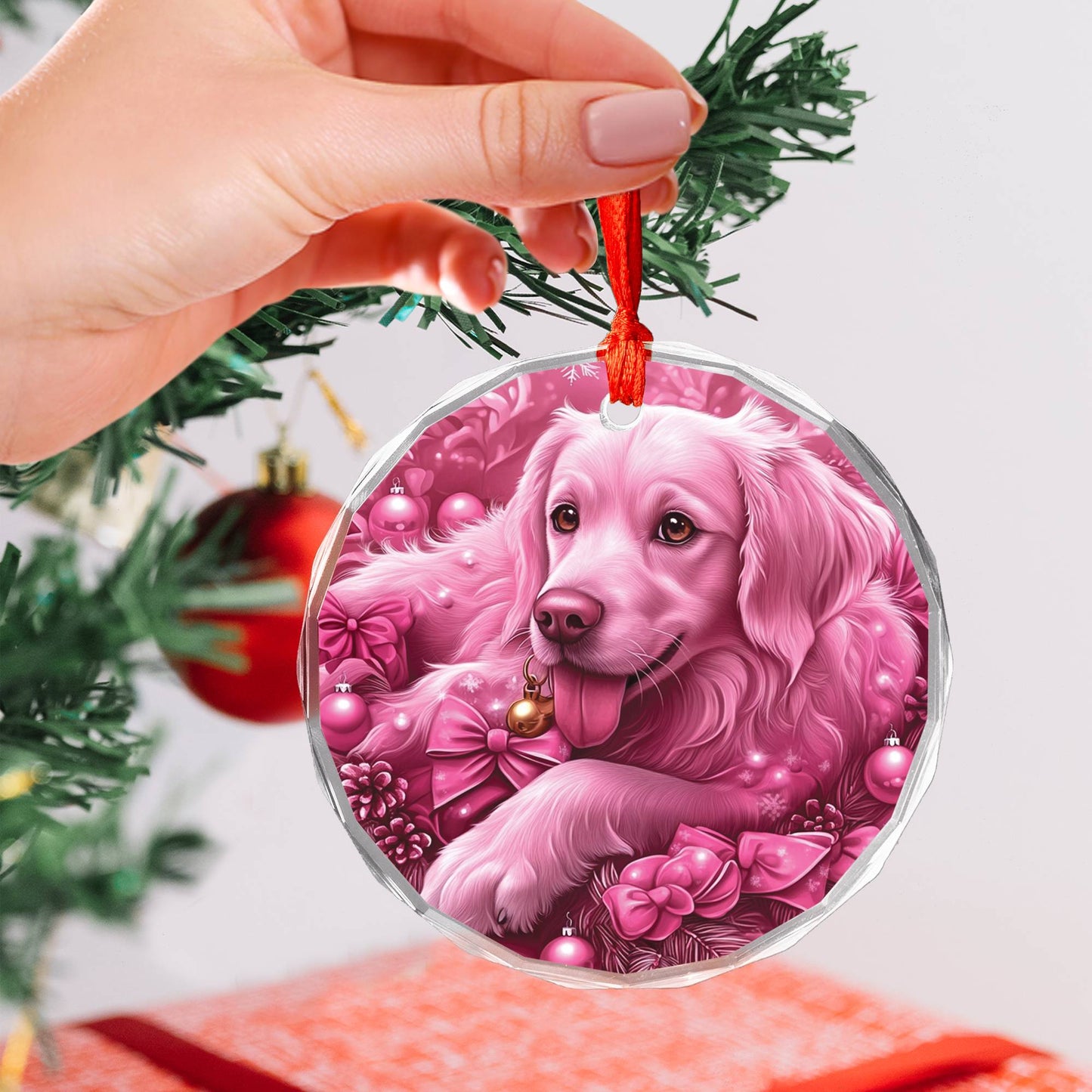 Golden Retriever Dog Pink Christmas Design 2 Glass Ornament