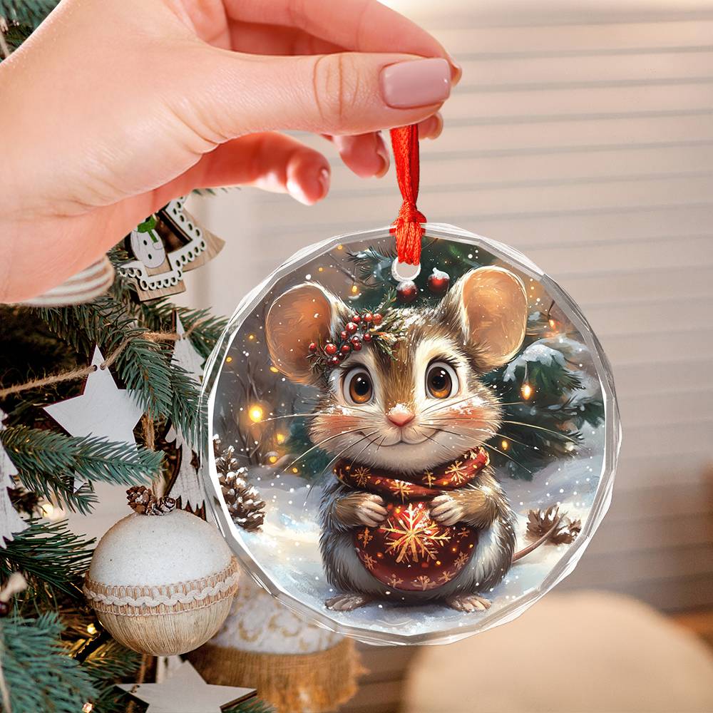 Beautiful Angus Mice Christmas Night Design 4 Glass Ornament