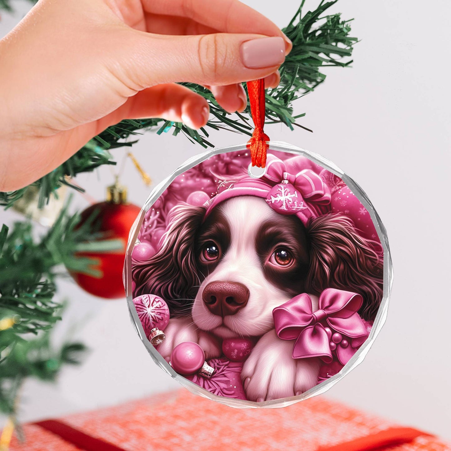 English Springer Spaniel Dog Pink Christmas Design 1 Glass Ornament