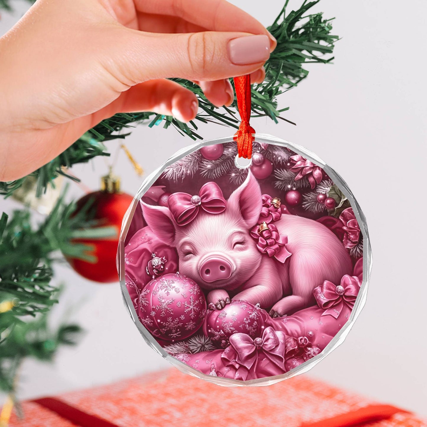 Pig Pink Christmas Design 1 Glass Ornament