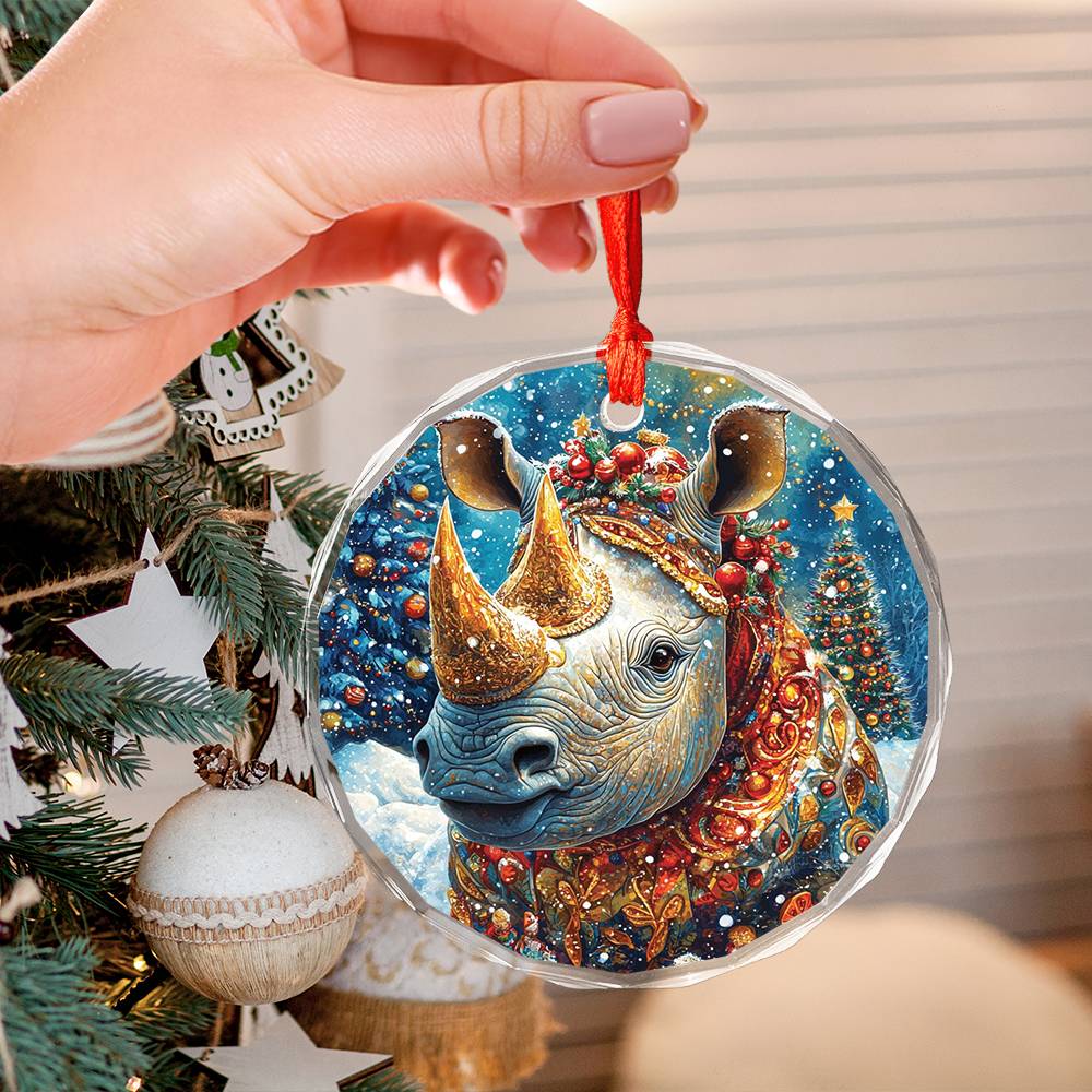 Beautiful Rhino Christmas Night Design 3 Glass Ornament