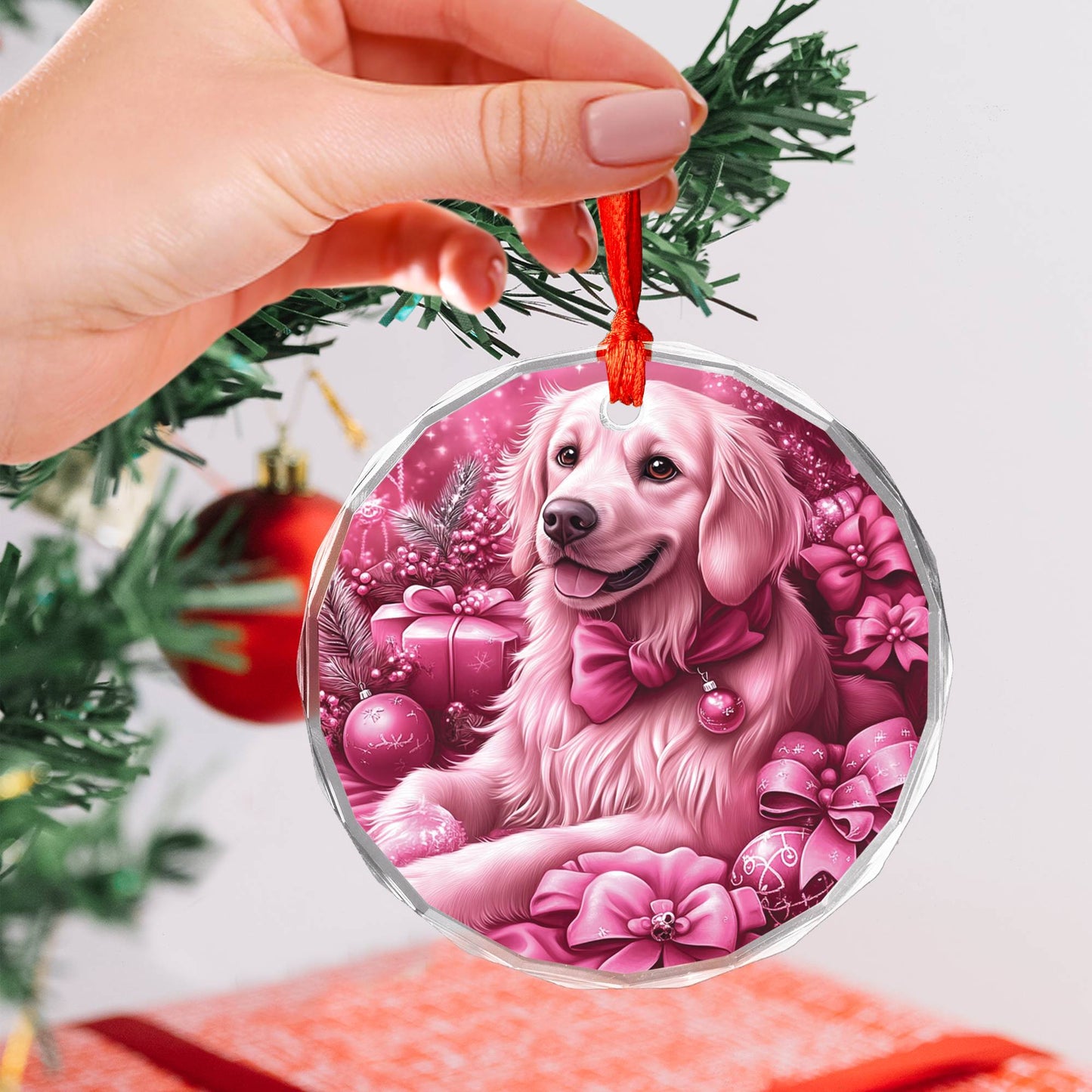Golden Retriever Dog Pink Christmas Design 4 Glass Ornament