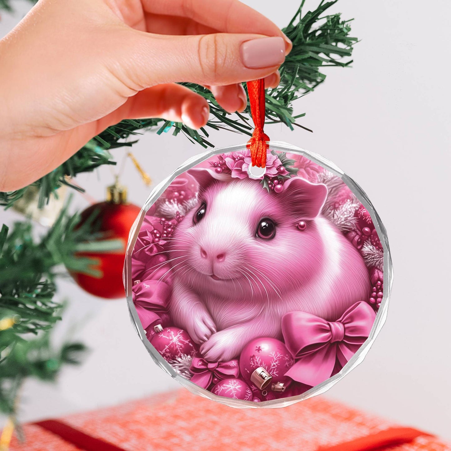 Guinea Pig Pink Christmas Design 3 Glass Ornament