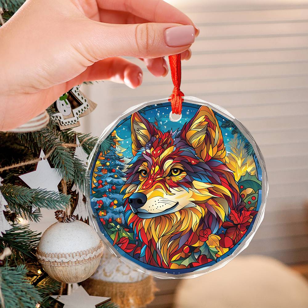 Beautiful Angus Wolf Christmas Night Design 3 Glass Ornament