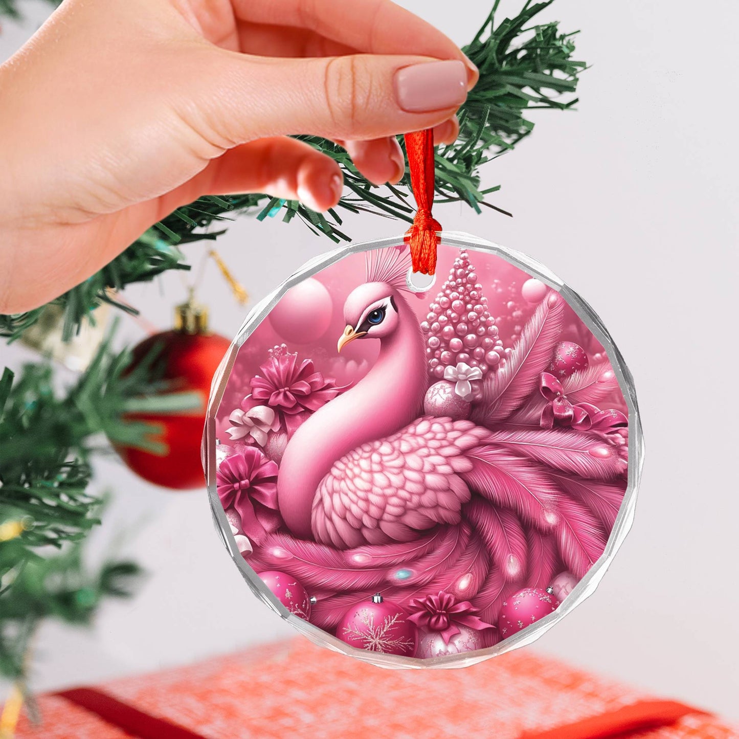 Peacock Pink Christmas Design 1 Glass Ornament