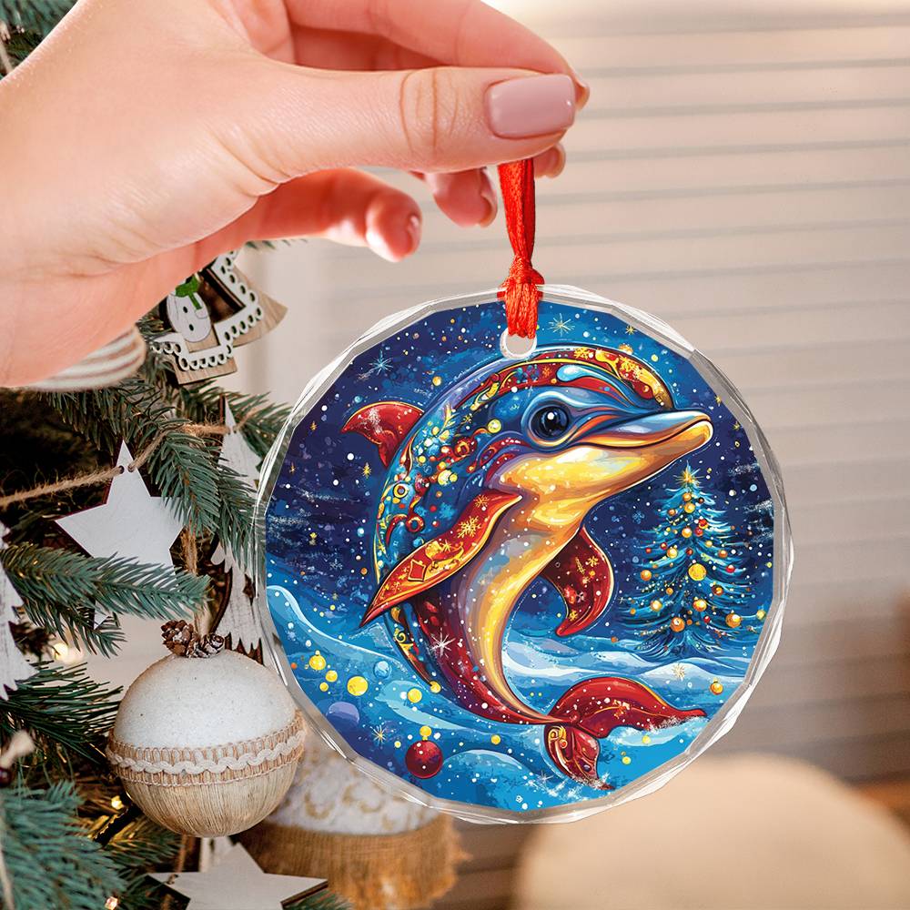 Beautiful Angus Dolphin Christmas Night Design 1 Glass Ornament