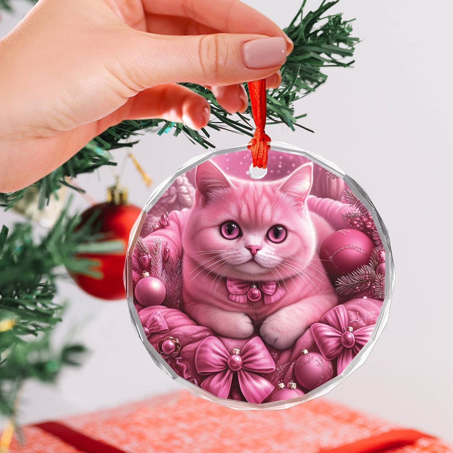 British Shorthair Cat Pink Christmas Design 1 Glass Ornament