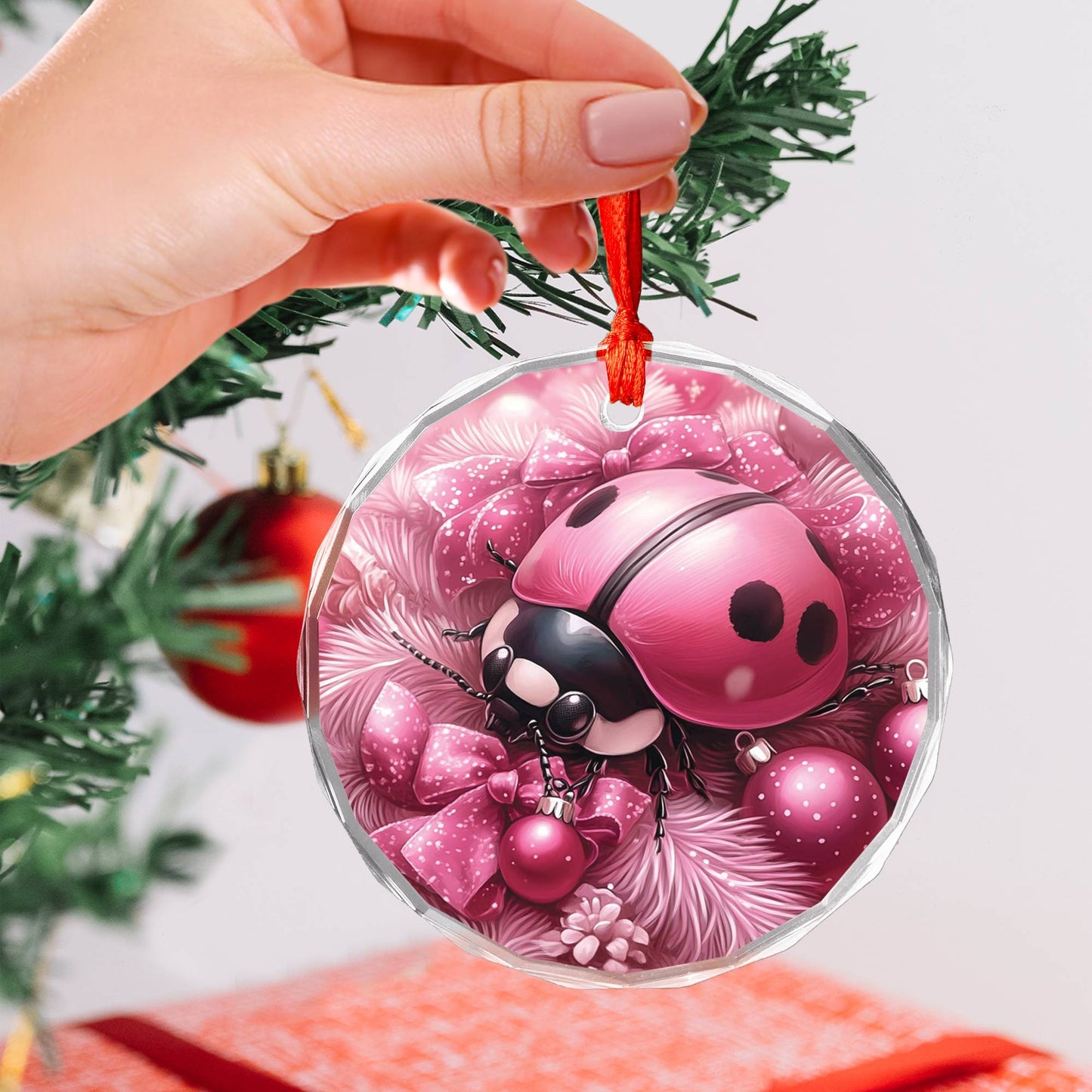 Ladybug Pink Christmas Design 1 Glass Ornament