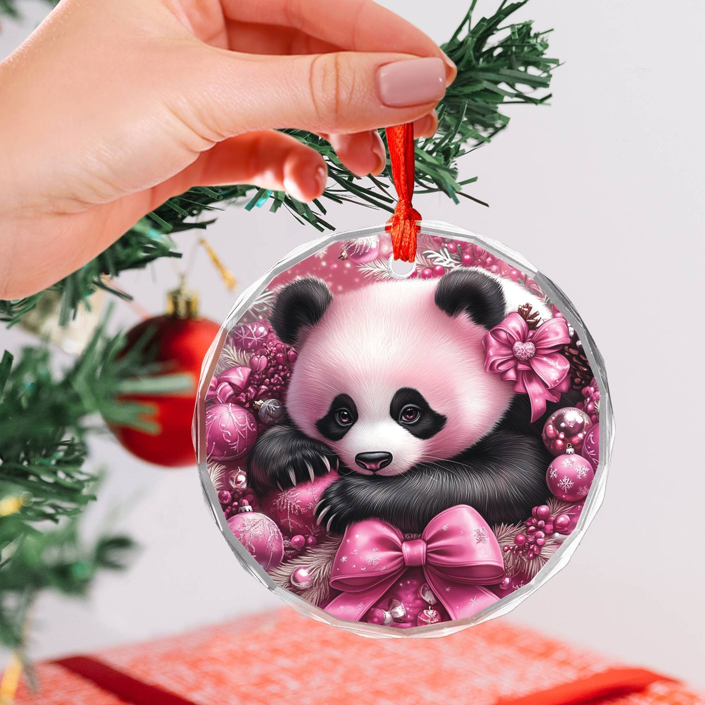 Panda Pink Christmas Design 1 Glass Ornament