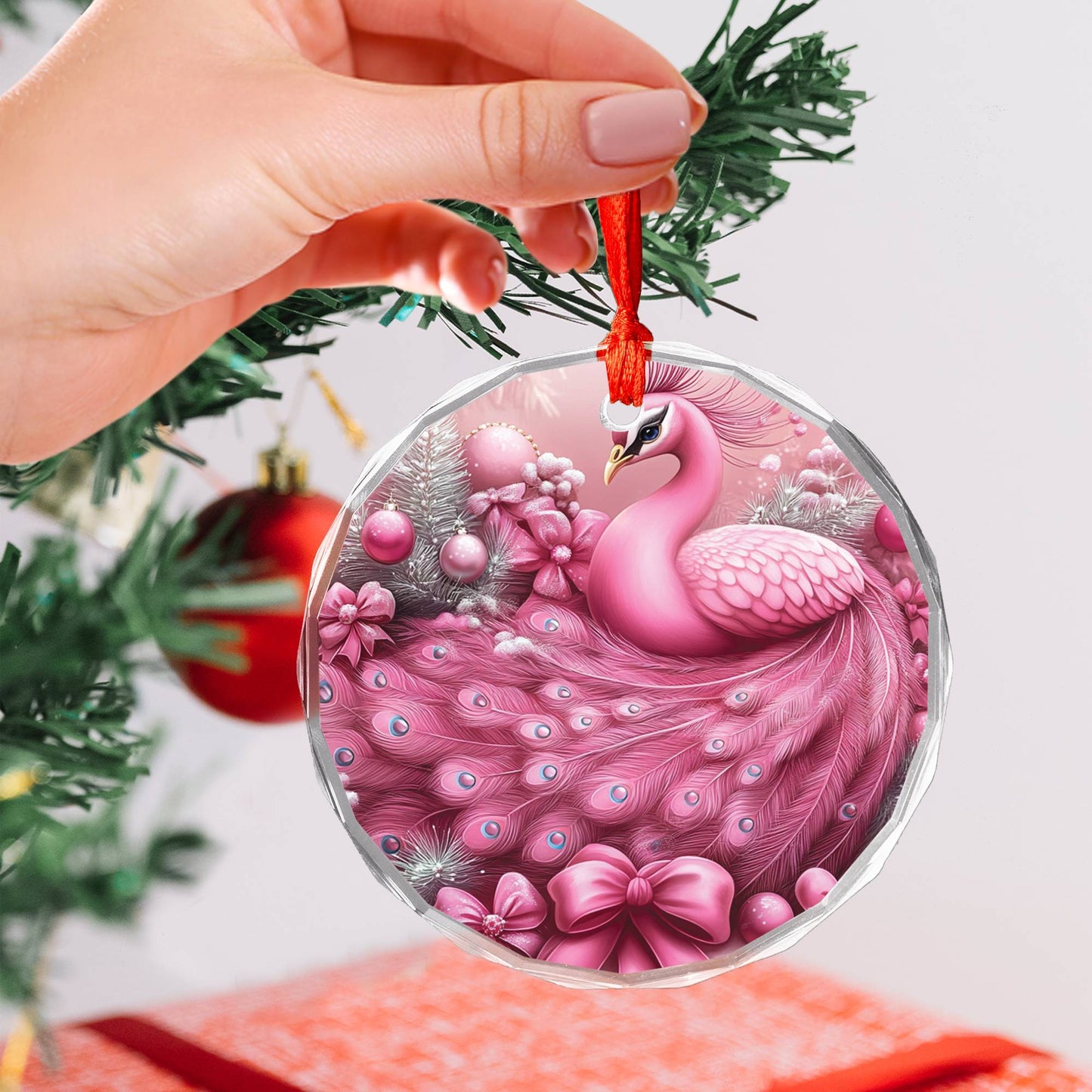 Peacock Pink Christmas Design 3 Glass Ornament