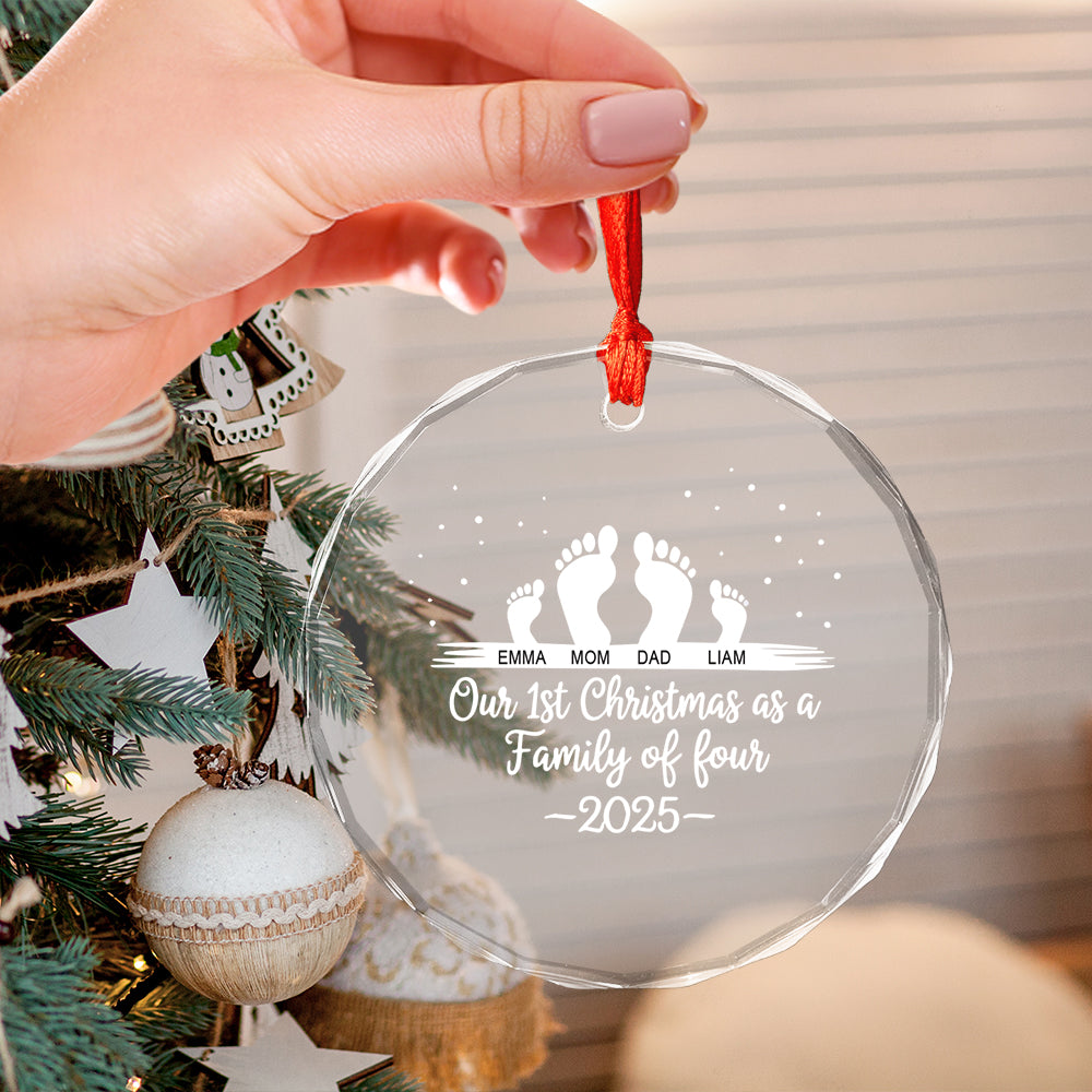 First Christmas As A Family Of Four Footprints - Personalized Heart Shaped Glass Ornament