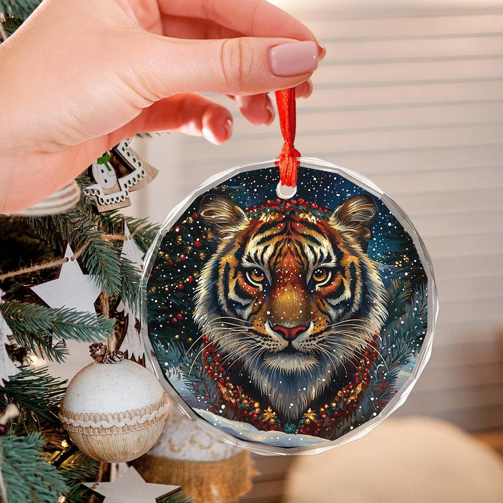 Beautiful Tiger Christmas Night Design 3 Glass Ornament