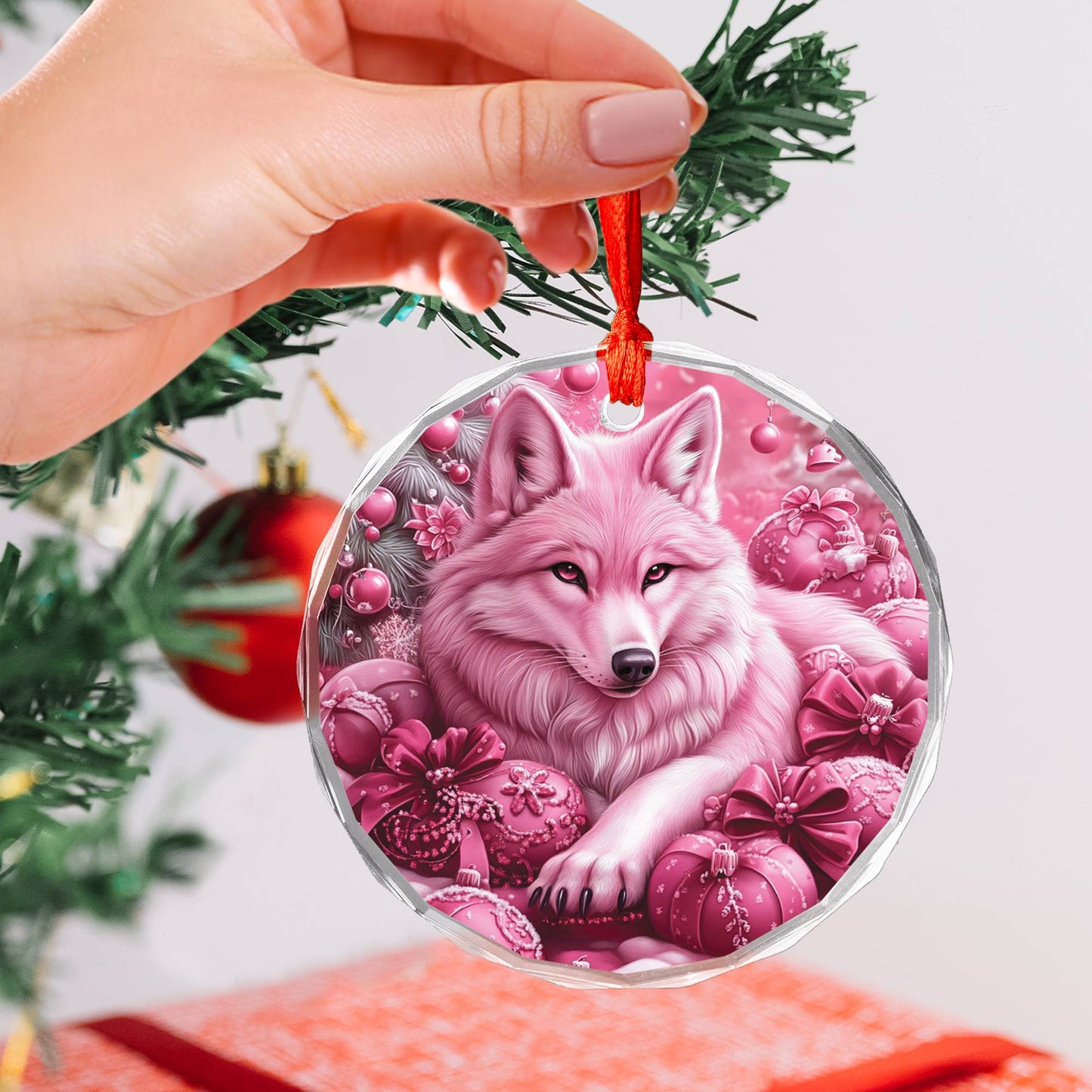 Wolf Pink Christmas Design 3 Glass Ornament