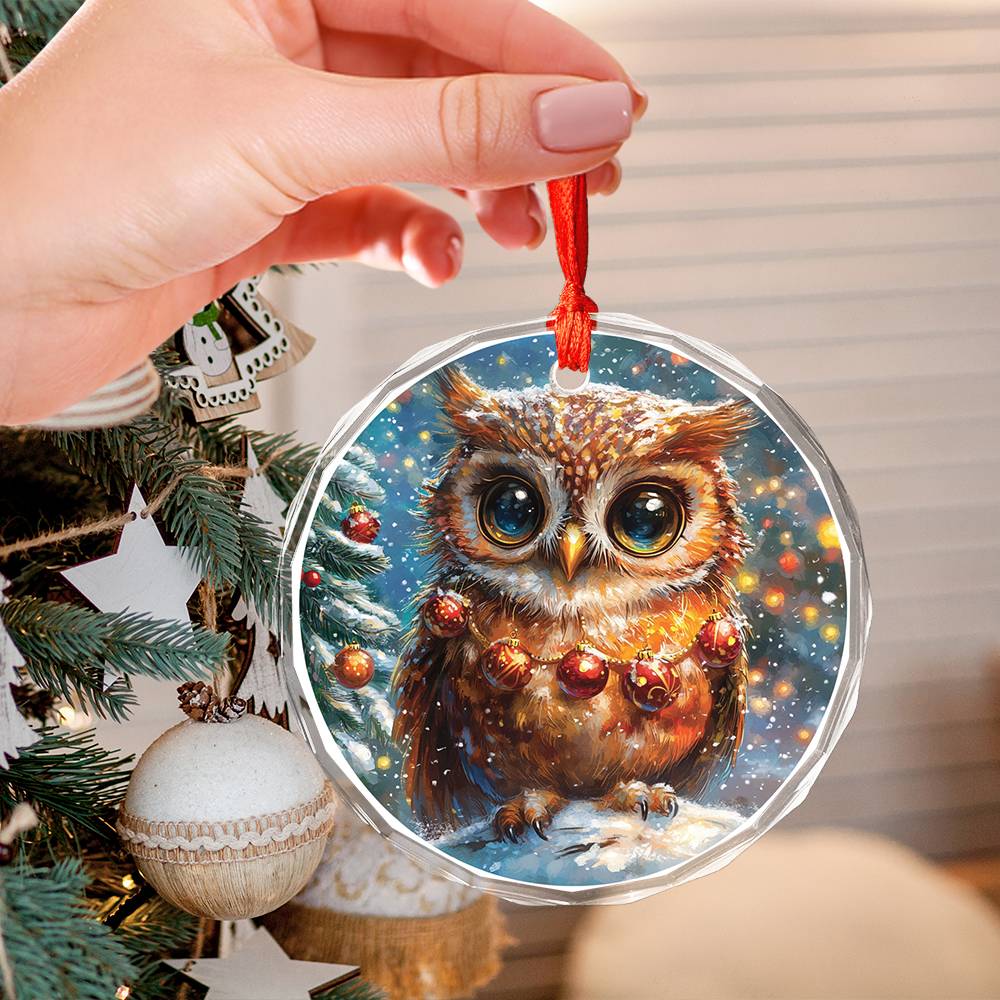 Beautiful Owl Christmas Night Design 3 Glass Ornament