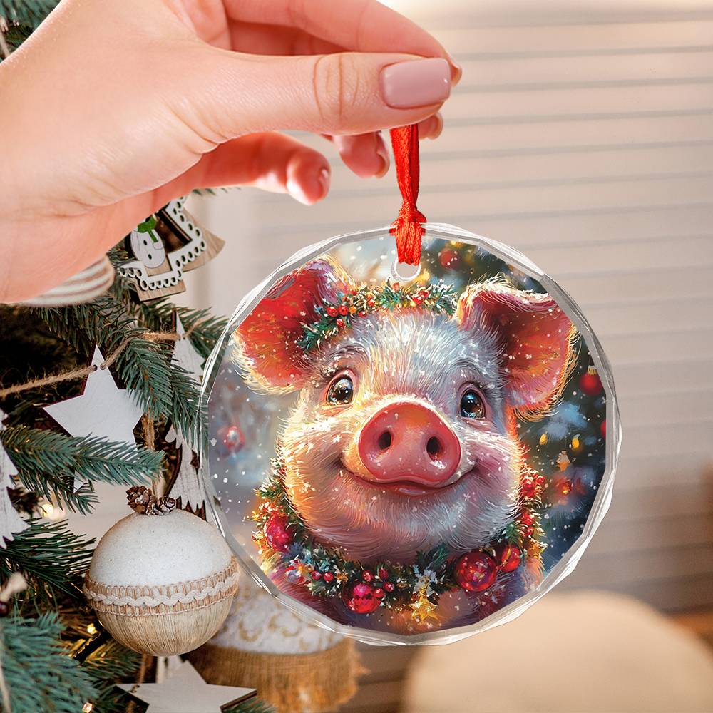 Beautiful Pig Christmas Night Design 3 Glass Ornament