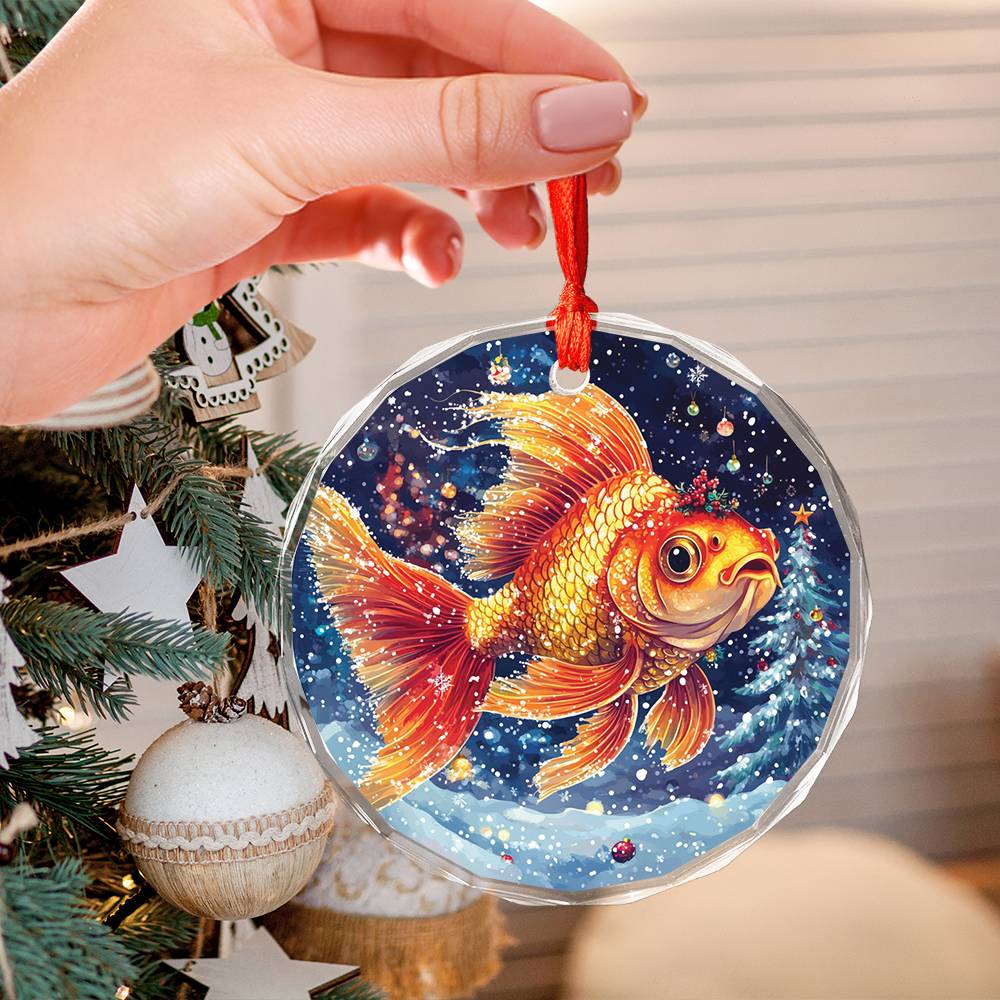 Beautiful Angus Goldfish Christmas Night Design 2 Glass Ornament