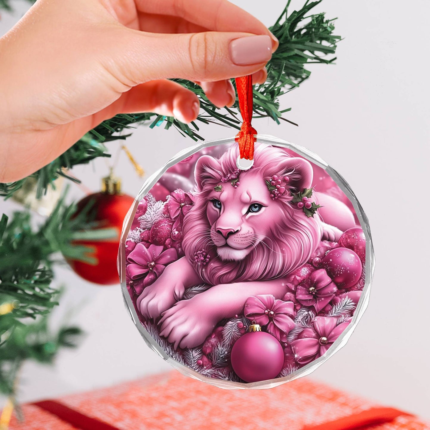 Lion Pink Christmas Design 3 Glass Ornament