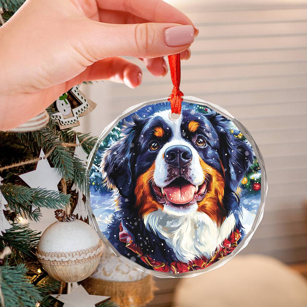 Beautiful Angus Bernese Mountain Dog Christmas Night Design 4 Glass Ornament