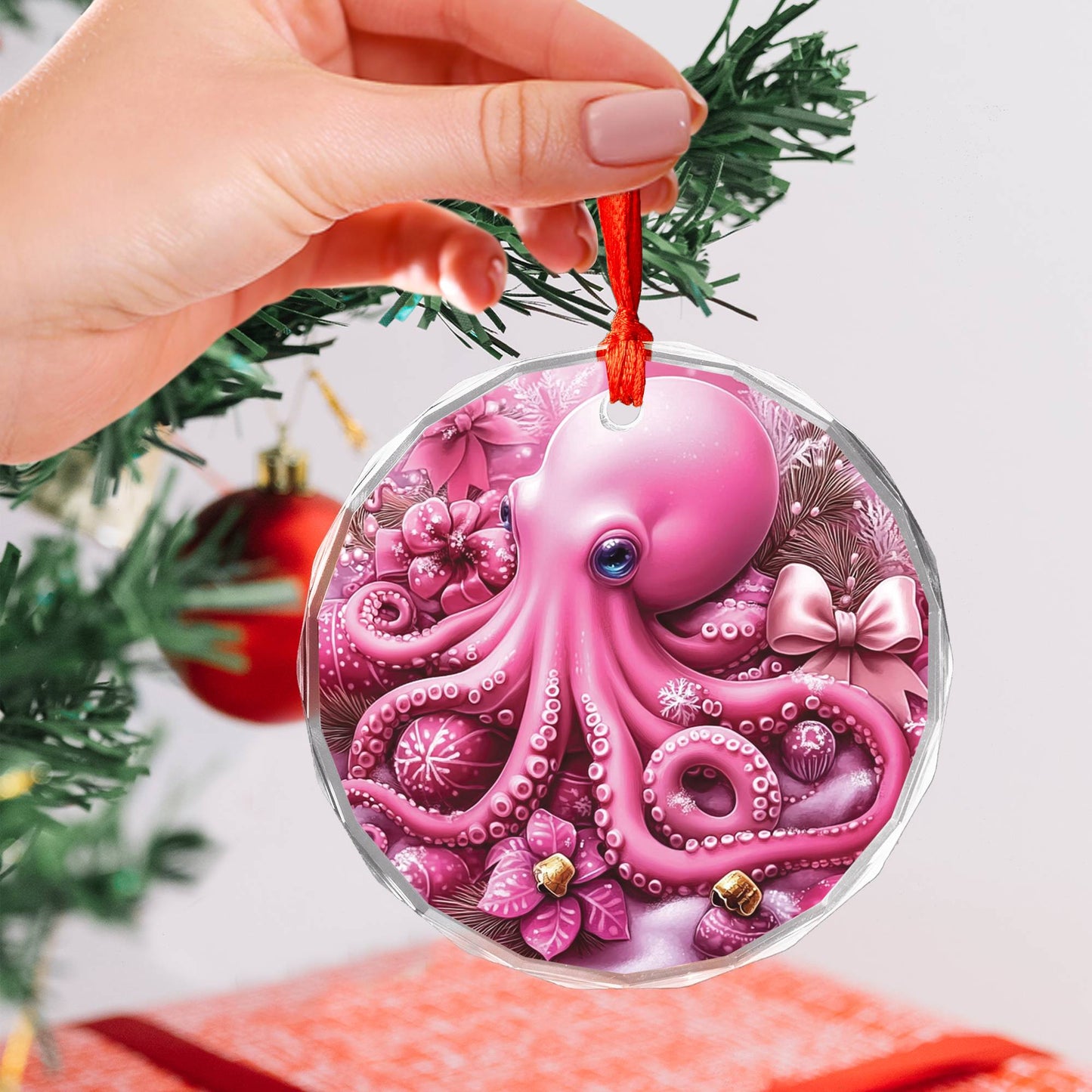 Octopus Pink Christmas Design 3 Glass Ornament