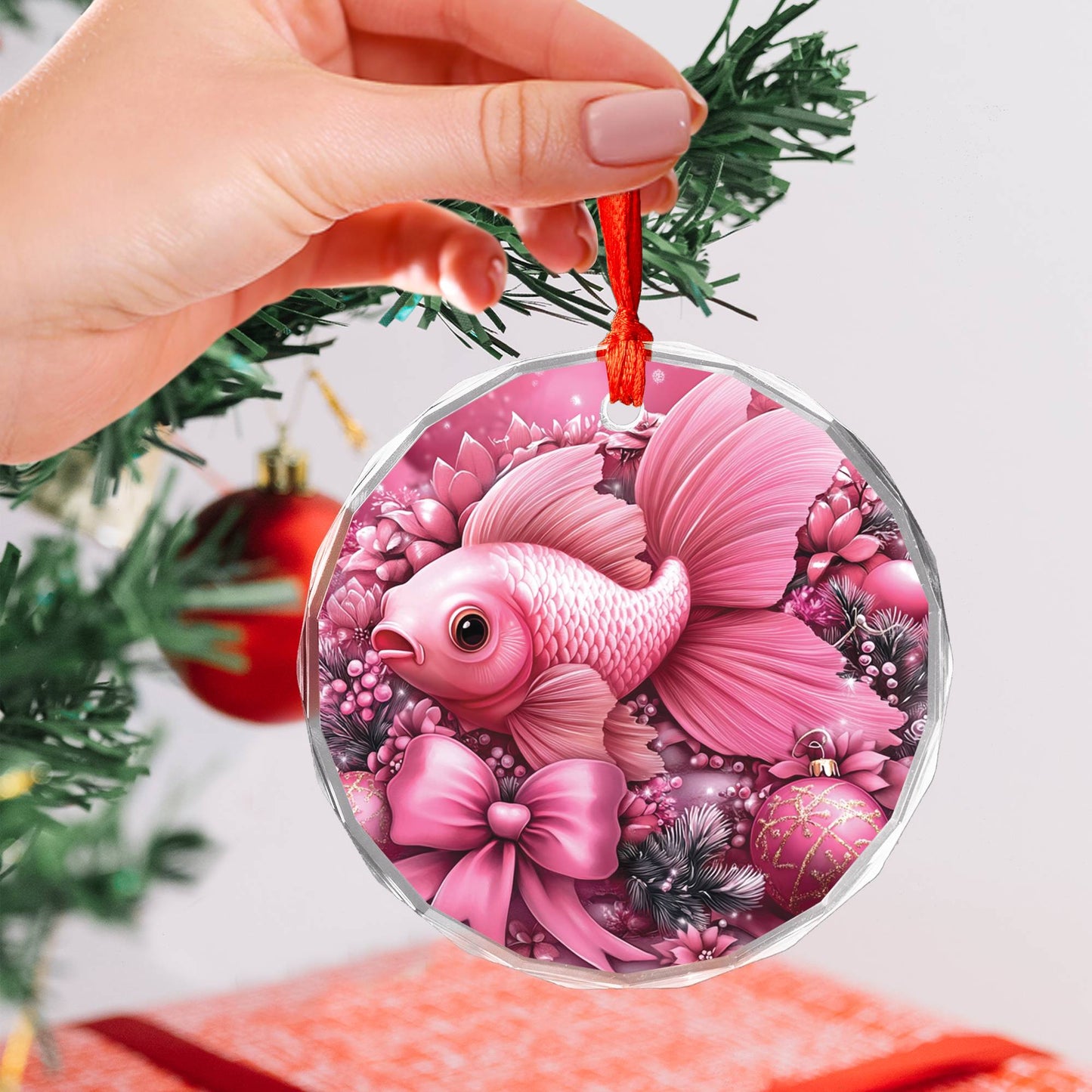 Goldfish Pink Christmas Design 1 Glass Ornament