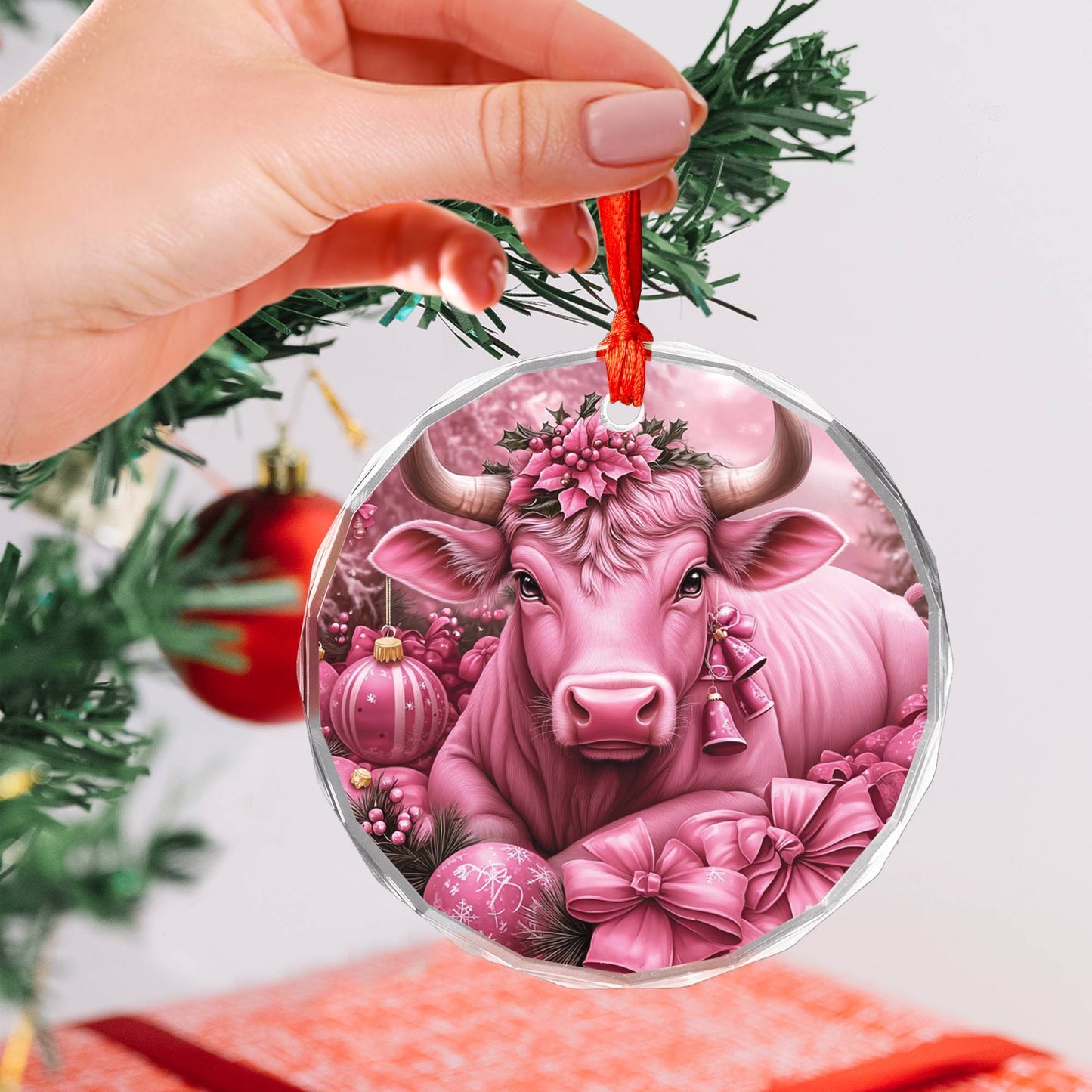 Bull Pink Christmas Design 1 Glass Ornament