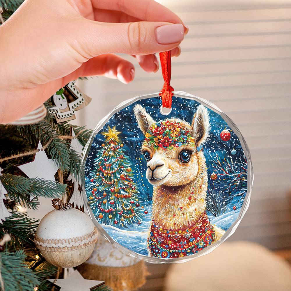Beautiful Angus Alpaca Christmas Night Design 2 Glass Ornament