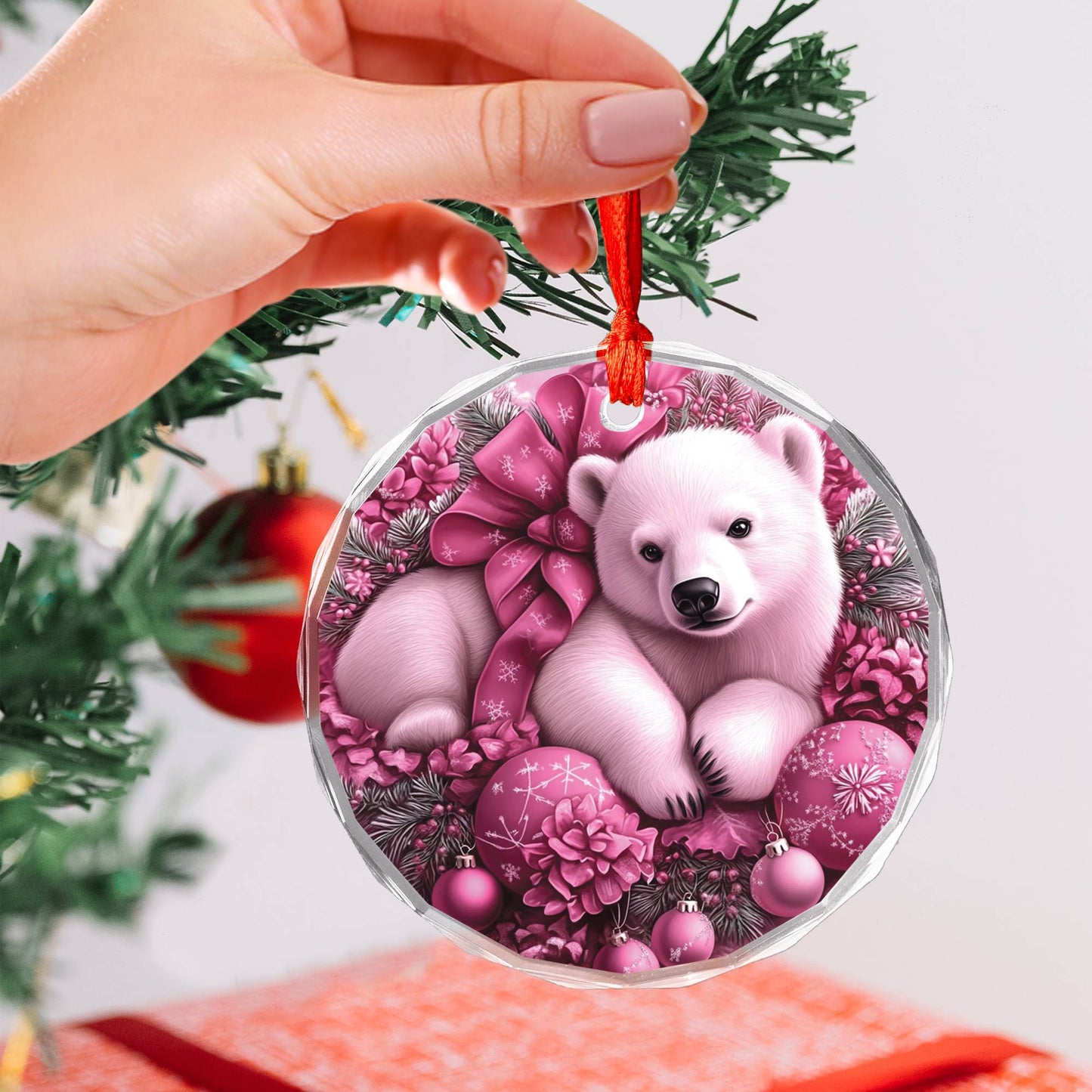 Pola Bear Pink Christmas Design 4 Glass Ornament
