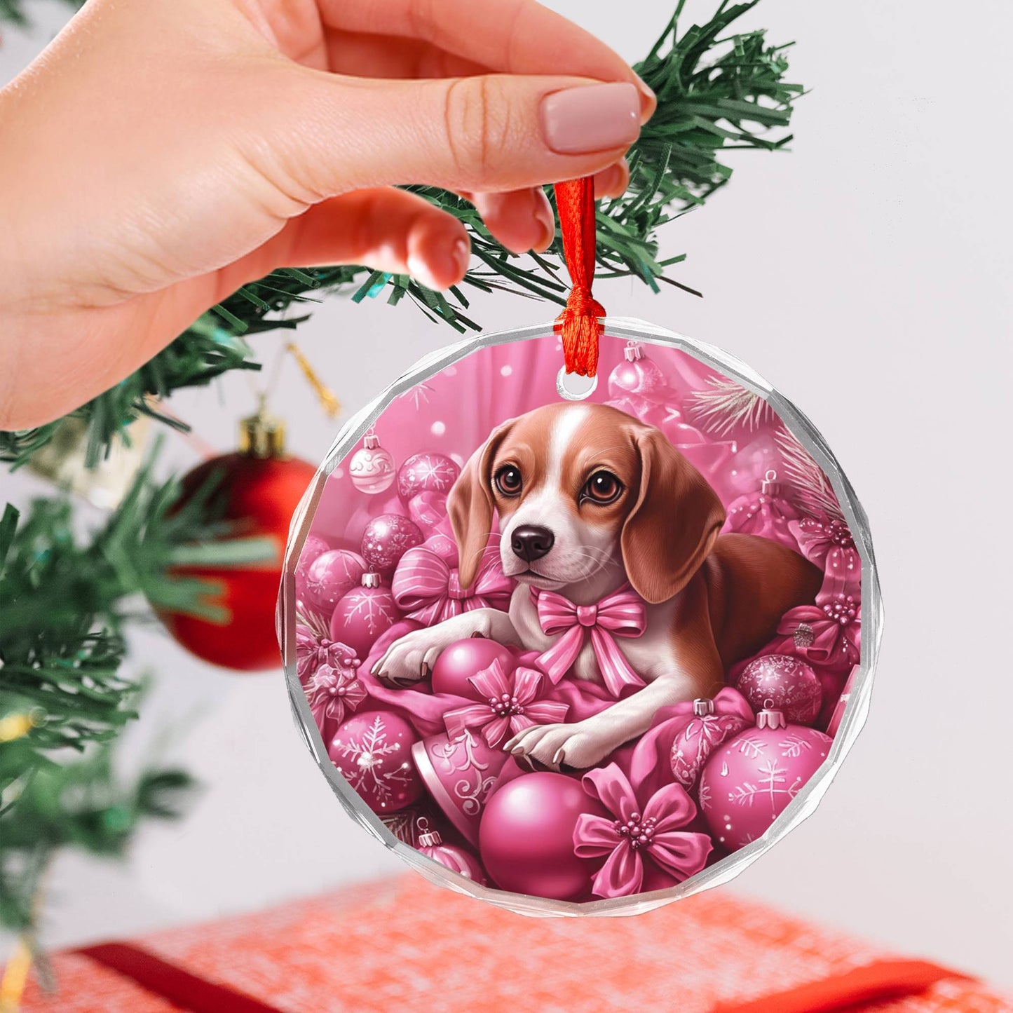Beagle Dog Pink Christmas Design 2 Glass Ornament
