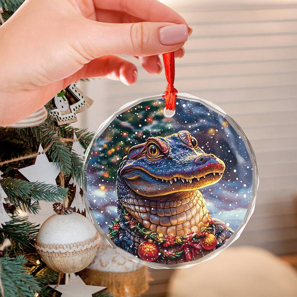 Beautiful Angus Alligator Christmas Night Design 1 Glass Ornament