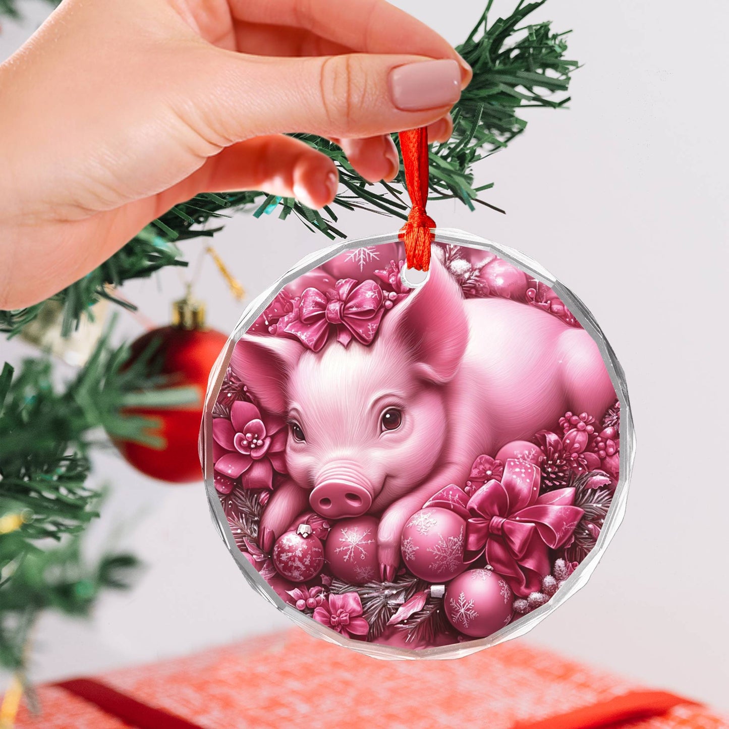 Pig Pink Christmas Design 3 Glass Ornament