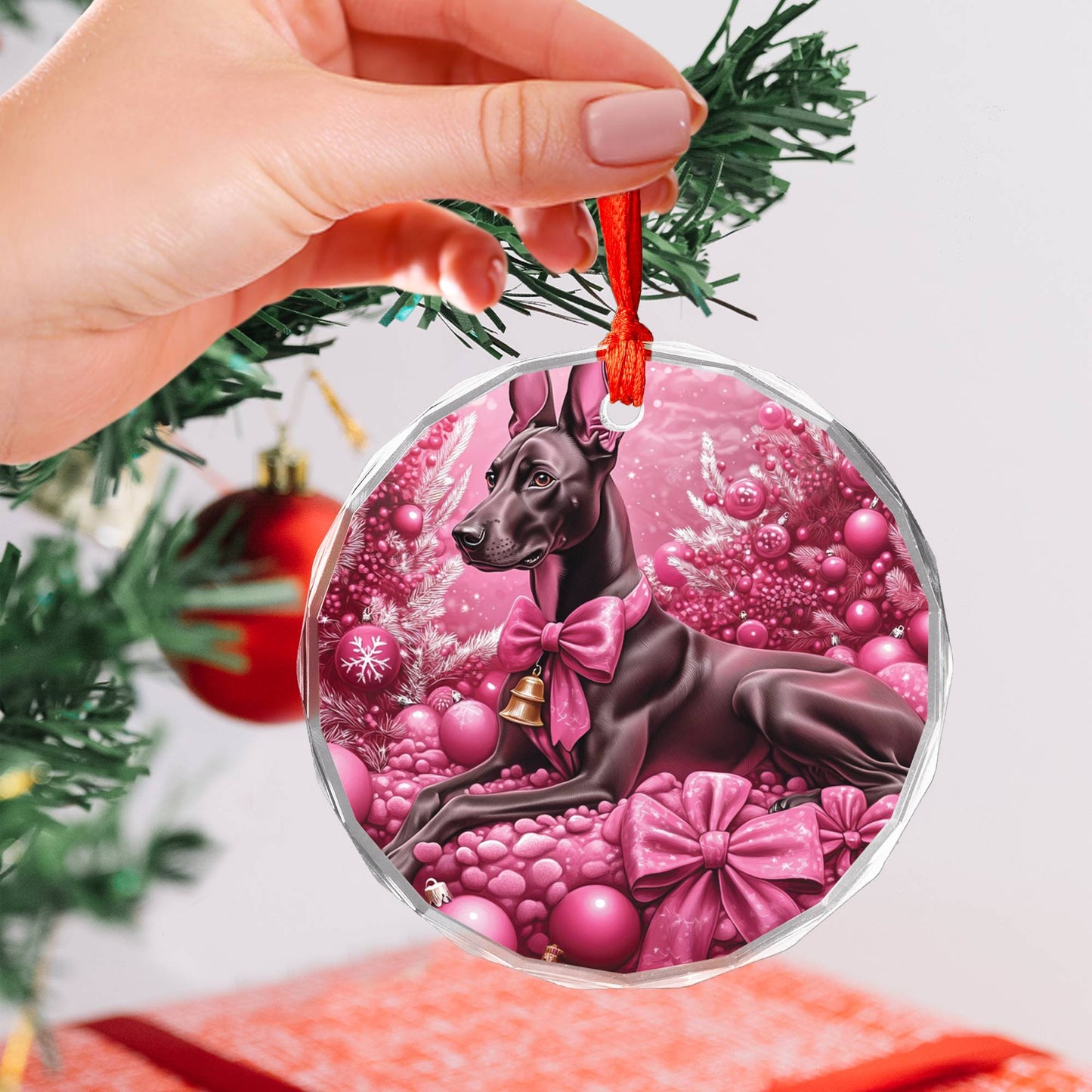 Doberman Pinscher Dog Pink Christmas Design 2 Glass Ornament