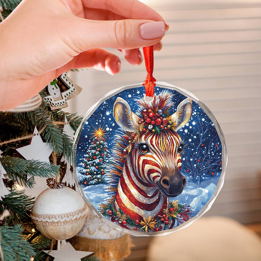 Beautiful Zebra Christmas Night Design 3 Glass Ornament