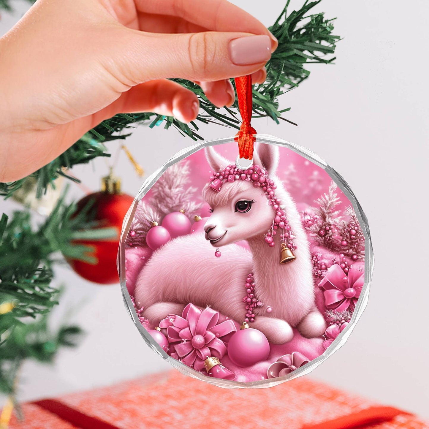 Alpaca Pink Christmas Design 2 Glass Ornament
