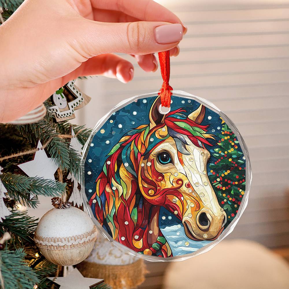 Beautiful Horse Christmas Night Design 1 Glass Ornament