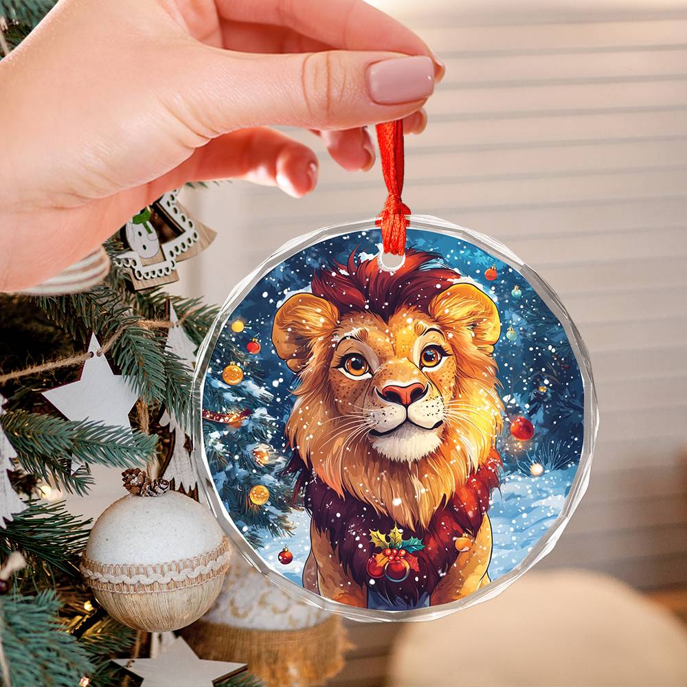 Beautiful Lion Christmas Night Design 4 Glass Ornament