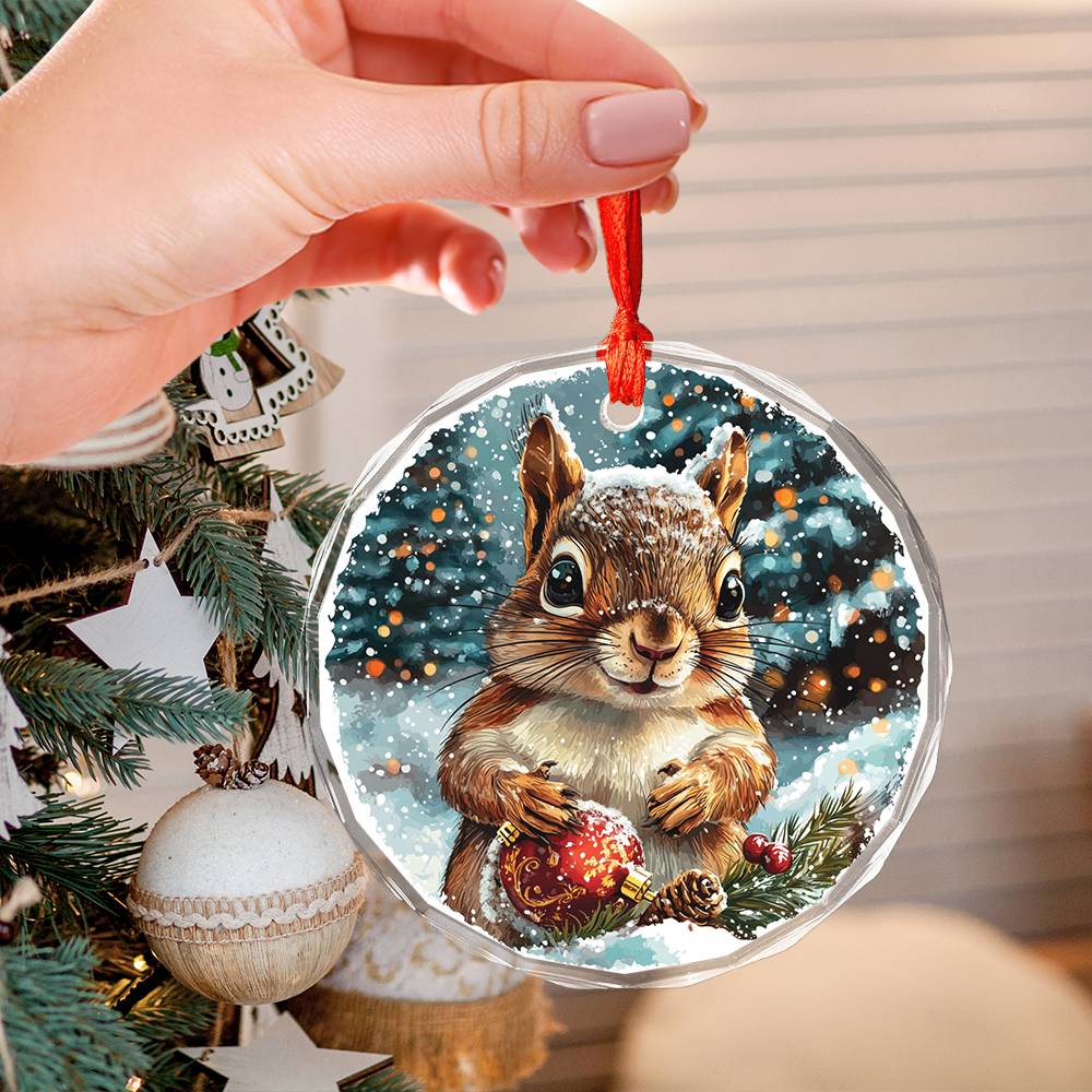 Beautiful Angus Squirrel Christmas Night Design 4 Glass Ornament