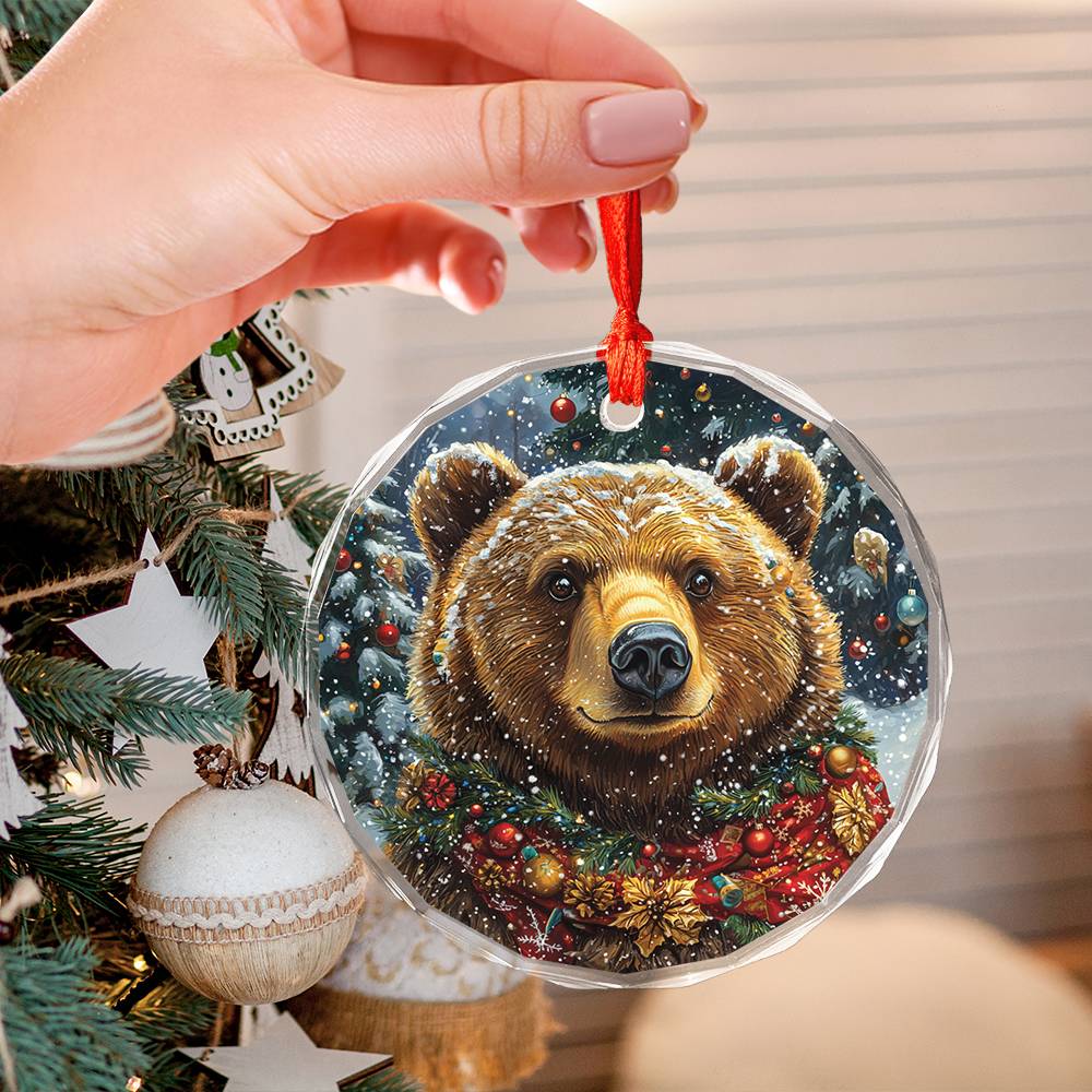 Beautiful Angus Grizzly Bear Christmas Night Design 1 Glass Ornament