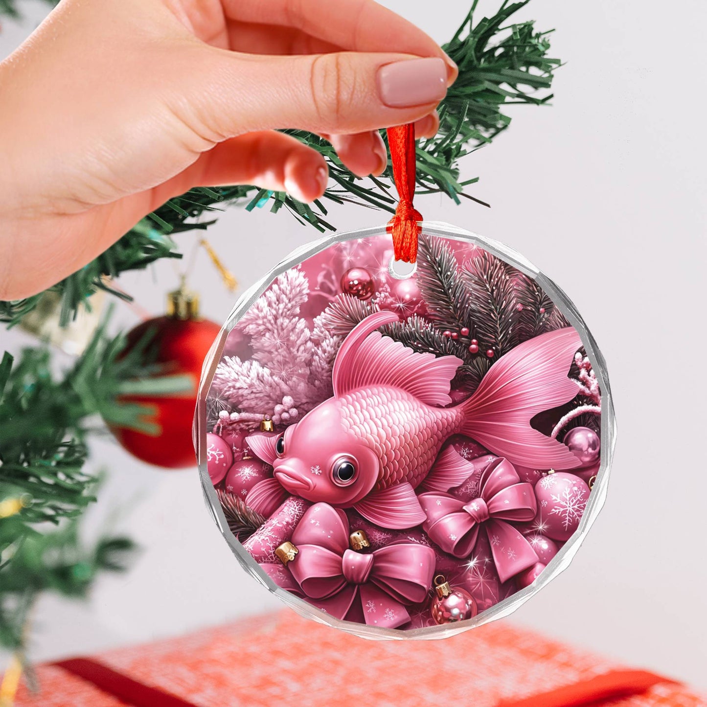 Goldfish Pink Christmas Design 2 Glass Ornament