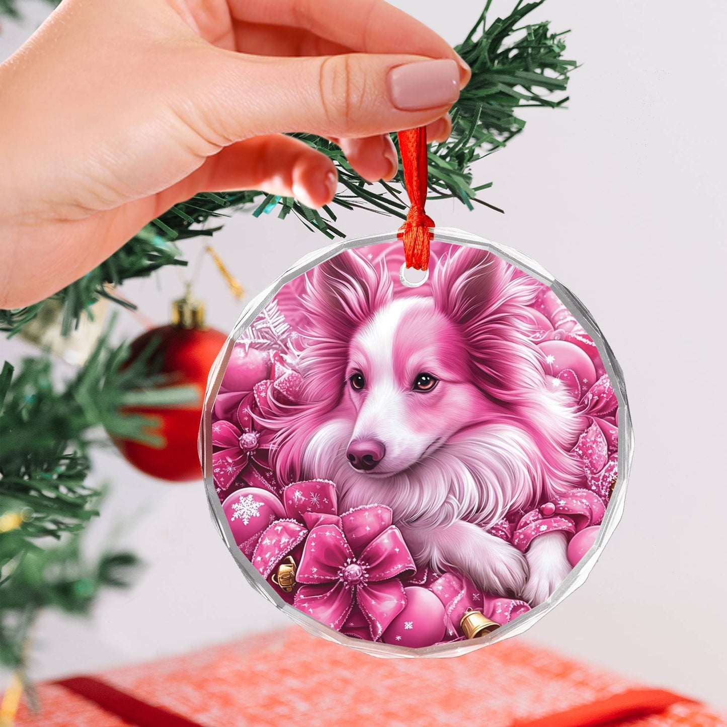 Collie Dog Pink Christmas Design 4 Glass Ornament