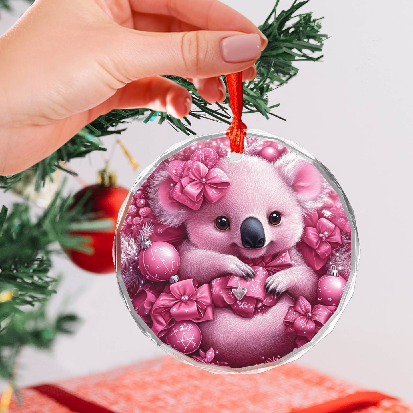 Koala Pink Christmas Design 4 Glass Ornament