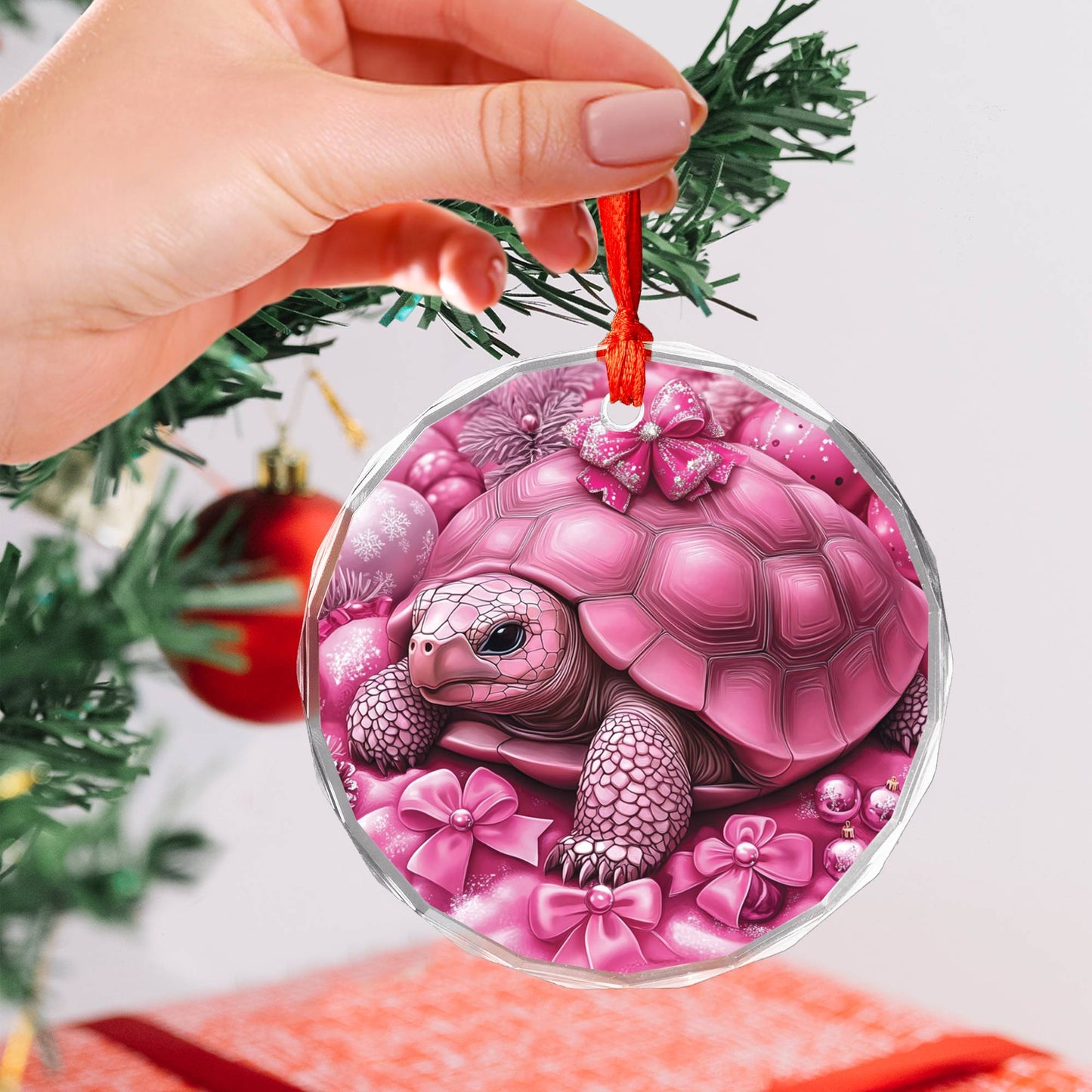 Tortoise Pink Christmas Design 3 Glass Ornament