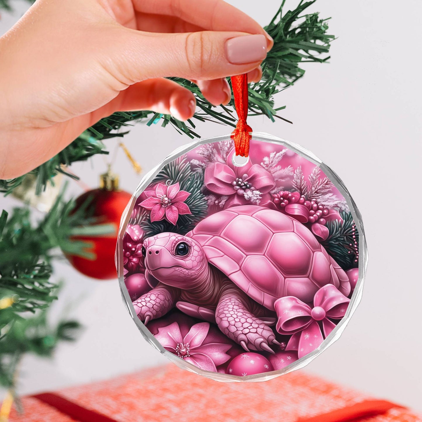 Tortoise Pink Christmas Design 1 Glass Ornament