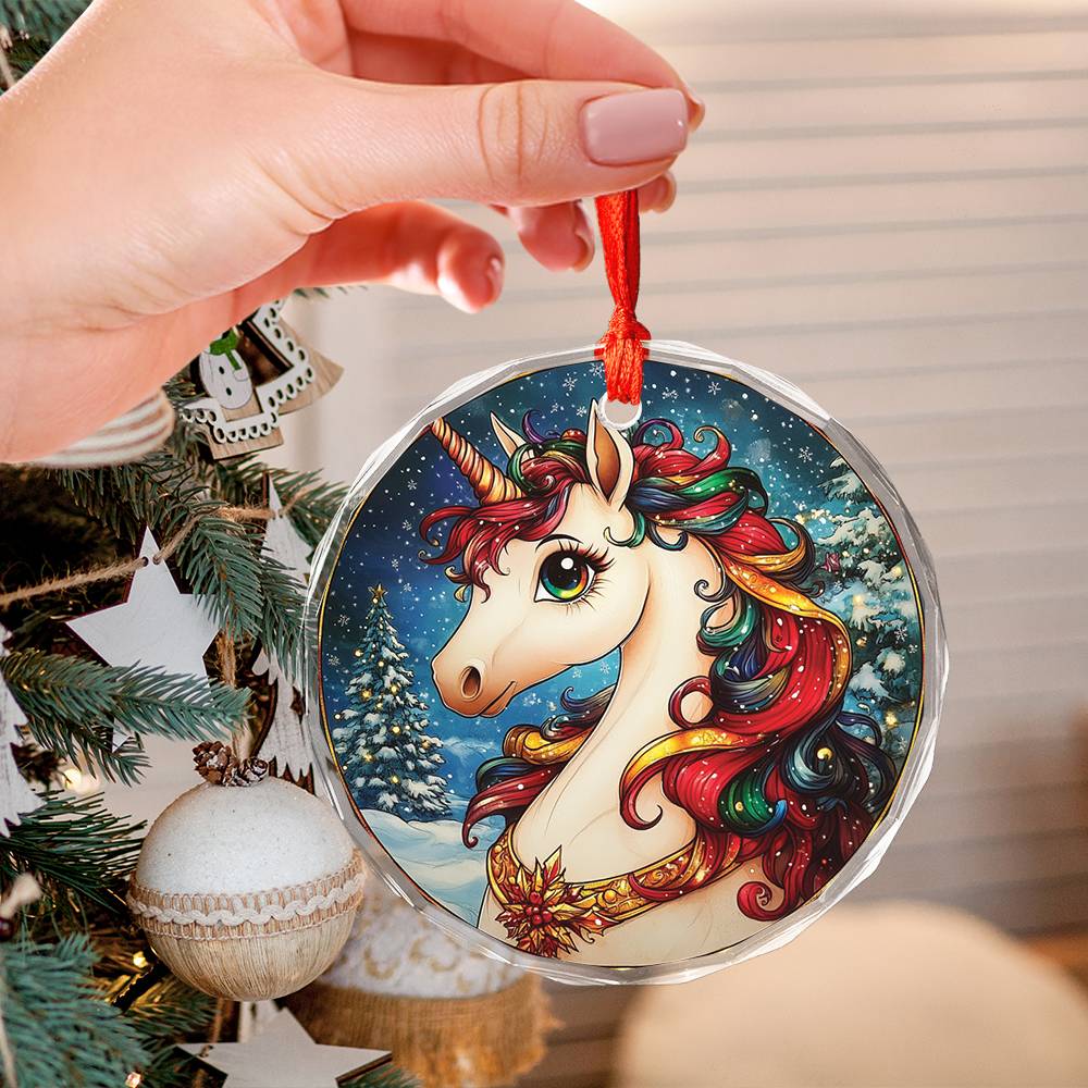 Beautiful Angus Unicorn Christmas Night Design 1 Glass Ornament