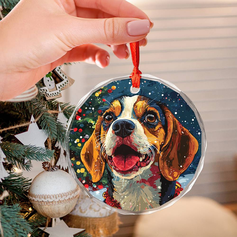 Beautiful Angus Beagle Dog Christmas Night Design 2 Glass Ornament
